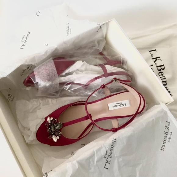 L.K.Bennett Yvette Red Embellished Stiletto Sandal Raspberry Satin Heel Pump - Picture 7 of 11